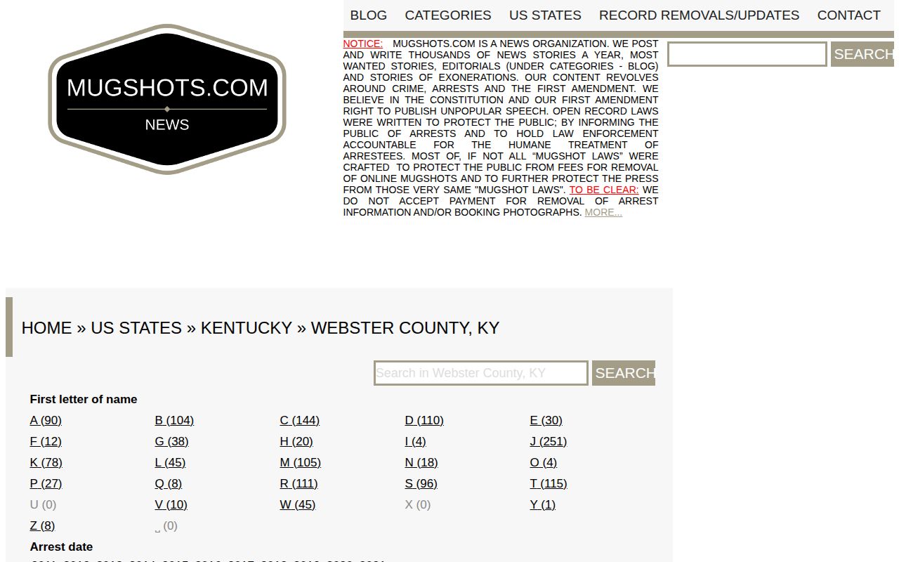 Historical Webster County archive interface used as a secondary multi-day arrest reference