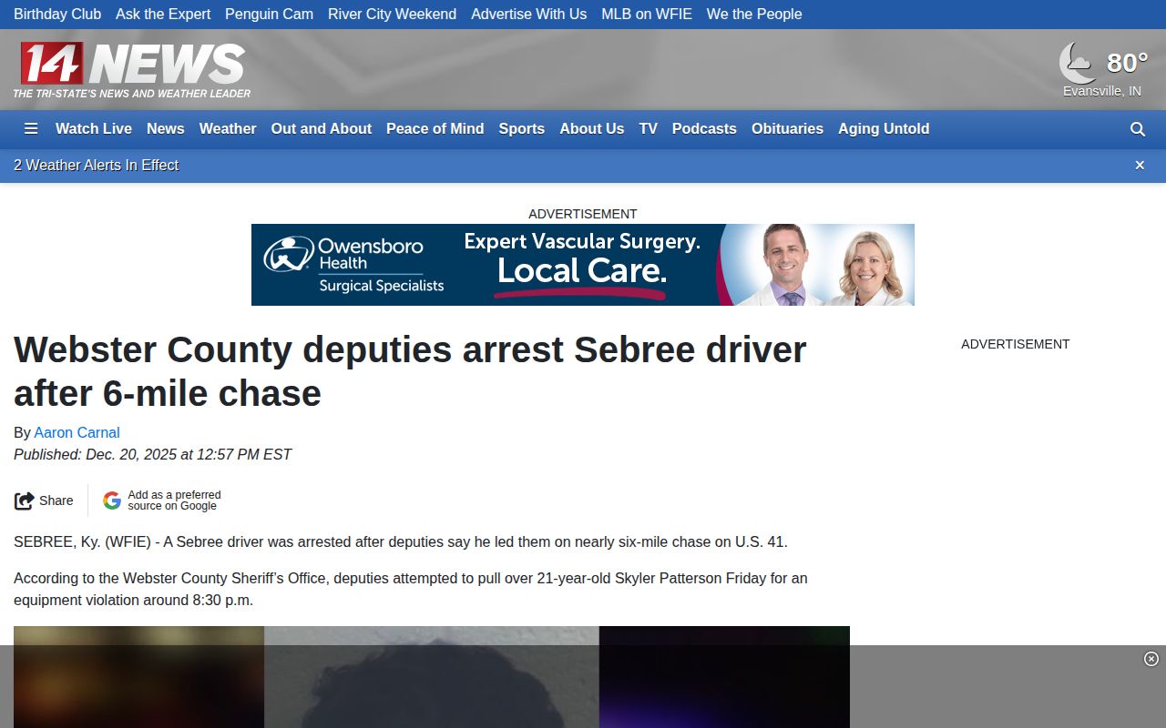 Regional news report about a Webster County arrest with law-enforcement attribution