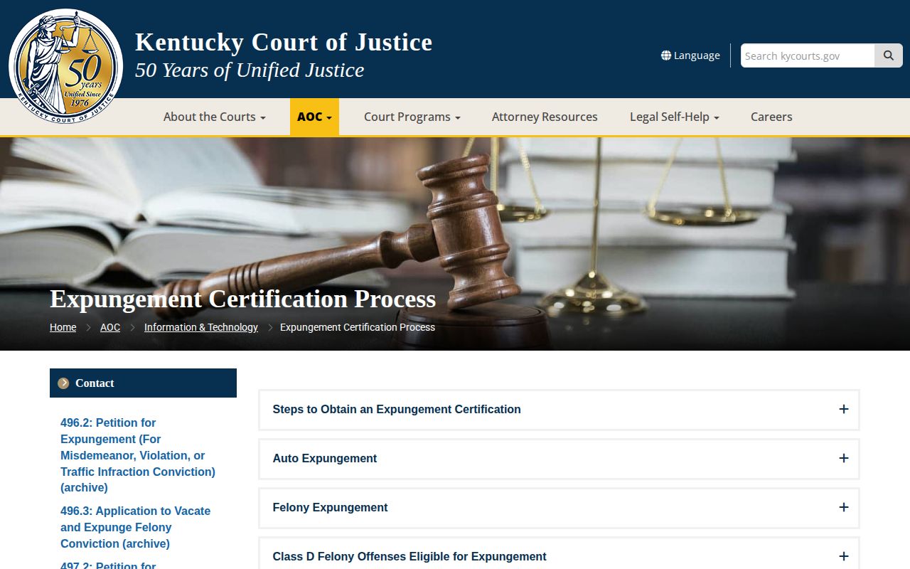 Kentucky Court of Justice expungement information page
