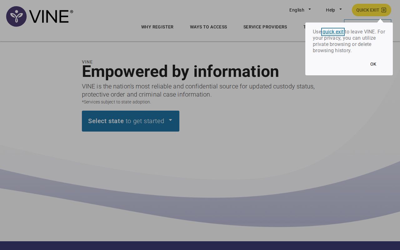 VINELink registration interface for phone email and PIN custody alerts