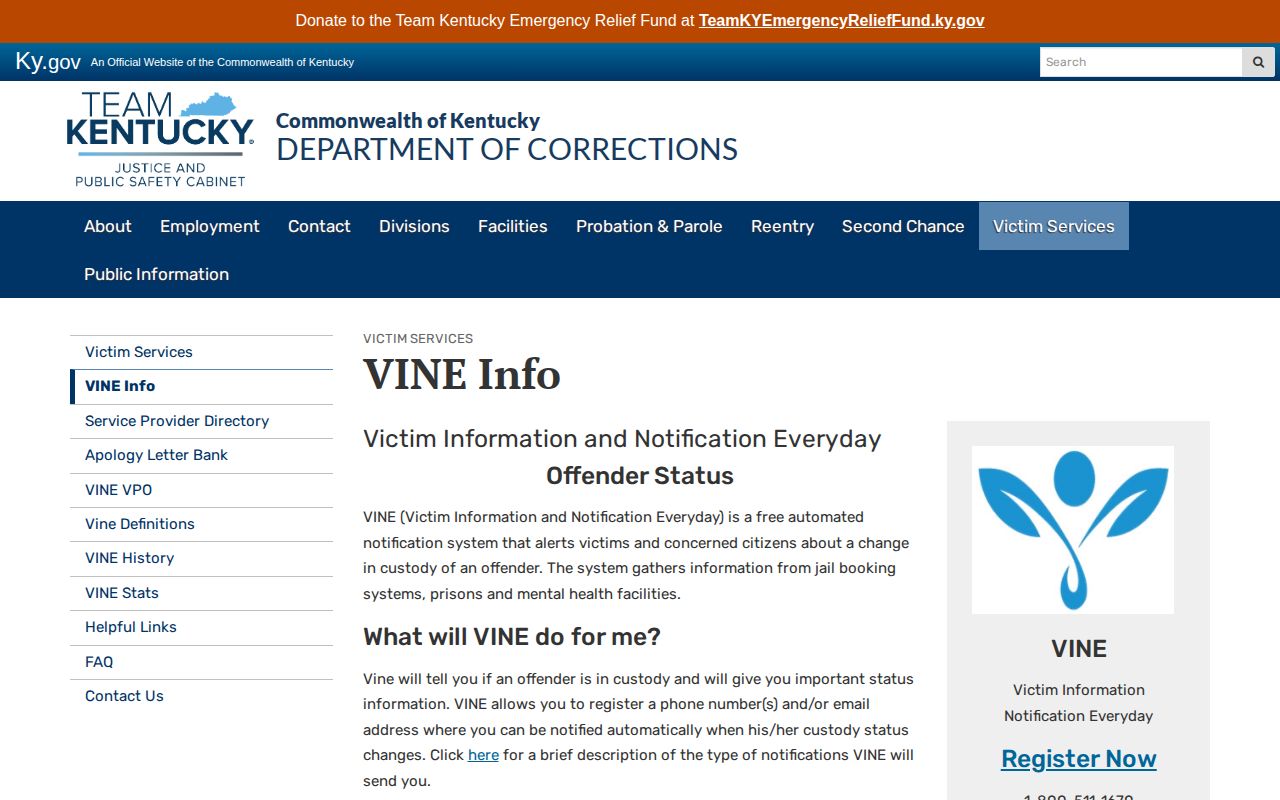 Kentucky VINE policy page describing registration and notification calls