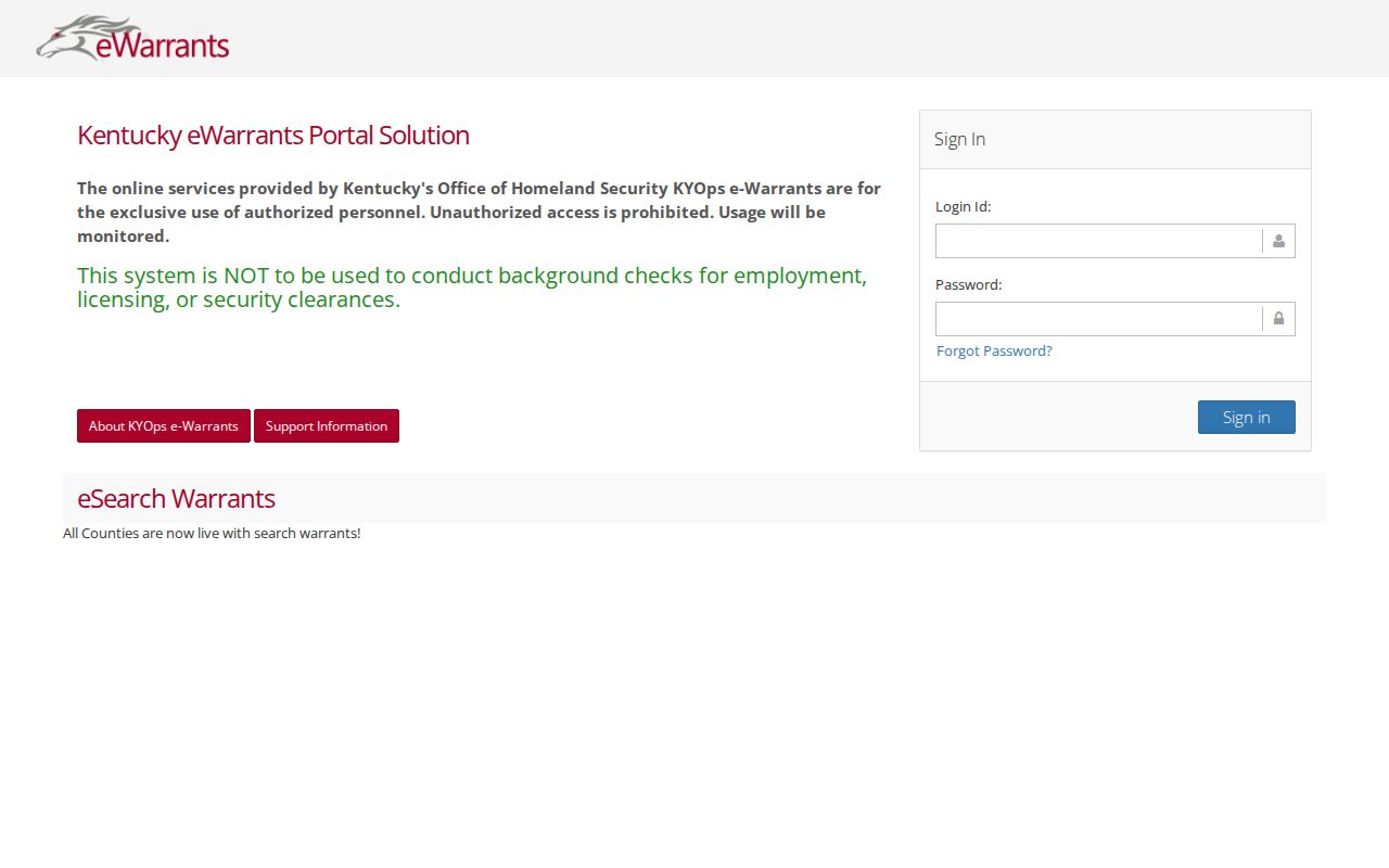 Kentucky eWarrants authorized user login notice